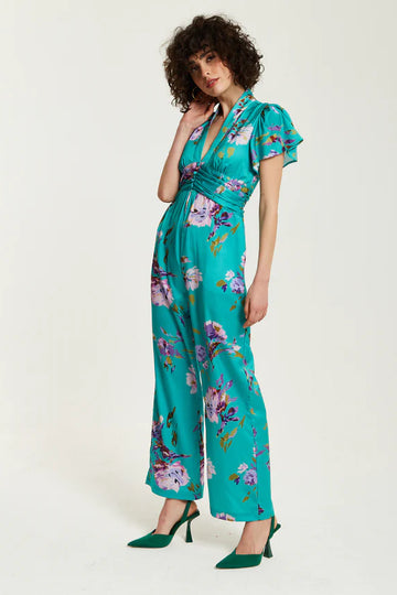 Green Floral Jumpsuit With Short Sleeves Liquorish
